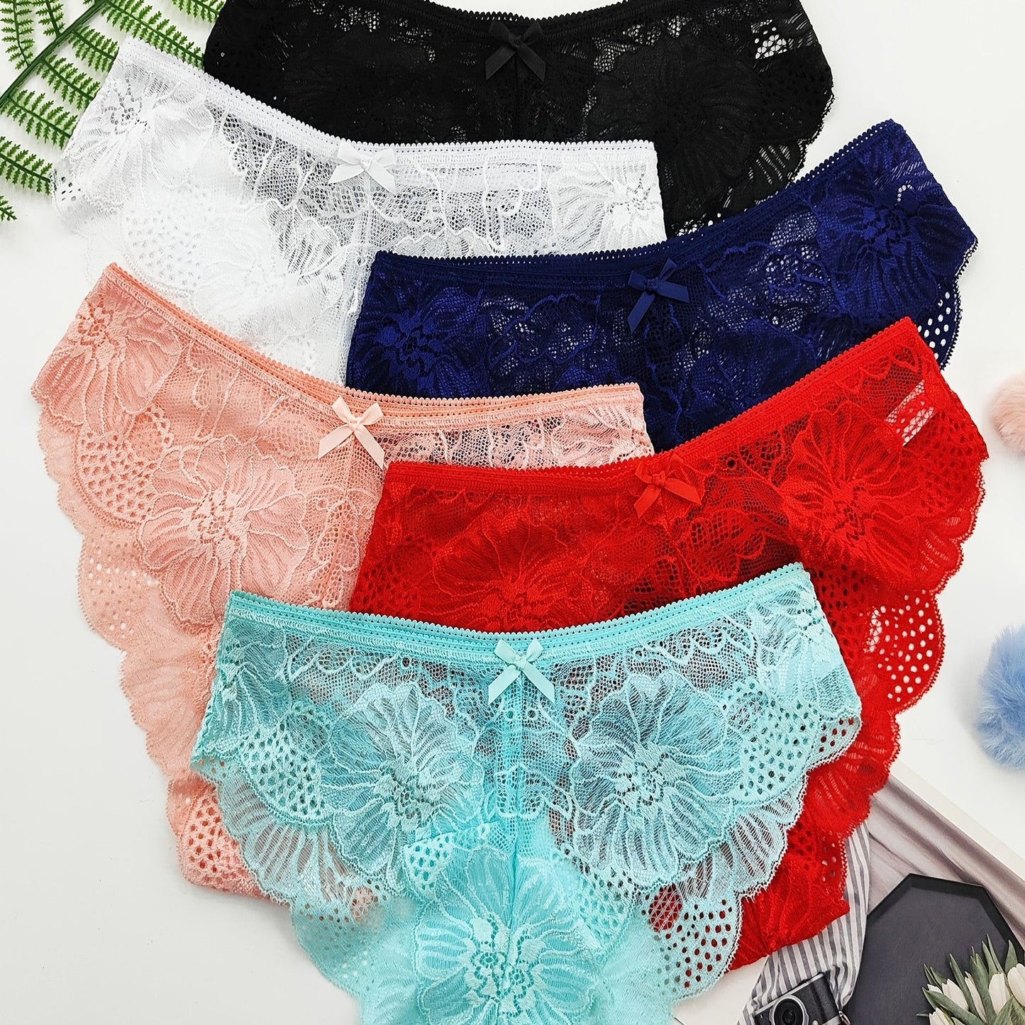 6 հատ Jacquard Lace Bow Hipster Bikini վարտիք, Հարմարավետ և շնչող ցածր գոտկատեղով շորտեր, կանացի ներքնազգեստ և ներքնազգեստ