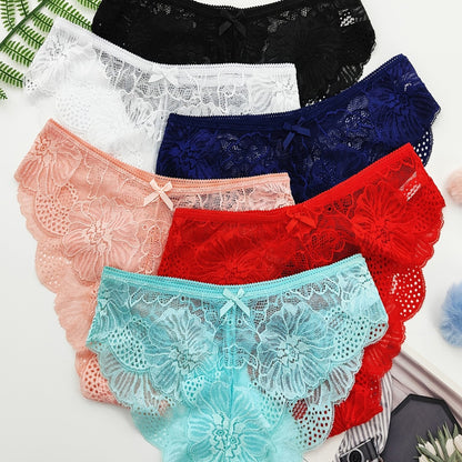 6 հատ Jacquard Lace Bow Hipster Bikini վարտիք, Հարմարավետ և շնչող ցածր գոտկատեղով շորտեր, կանացի ներքնազգեստ և ներքնազգեստ