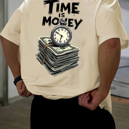 Men'S Casual Short Sleeve T-Shirt with "Time is Money" Clock  Stack of Cash Graphic - Lightweight Polyester, Loose Fit, Round Neck, Perfect for Spring  Summer Outdoor Wear, Relaxed Fit Shirt   Bold Graphic Tee   Glossy Text