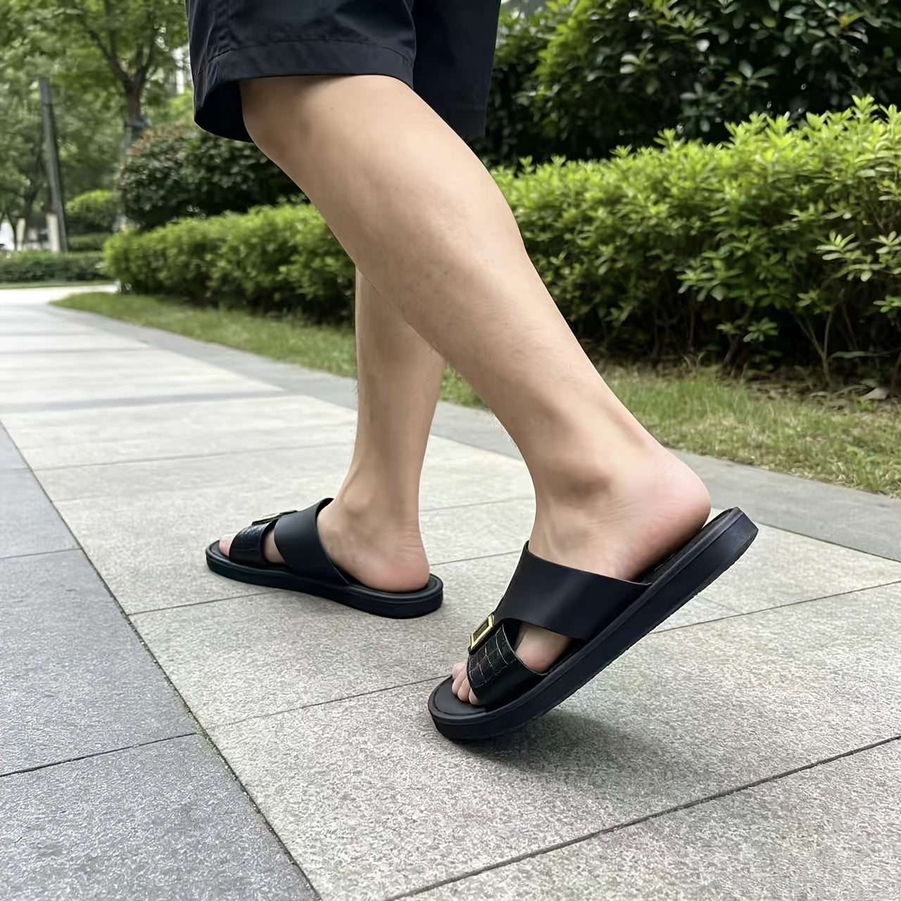 Men's Luxury Crocodile Embossed Slide Sandals with Metal Buckle