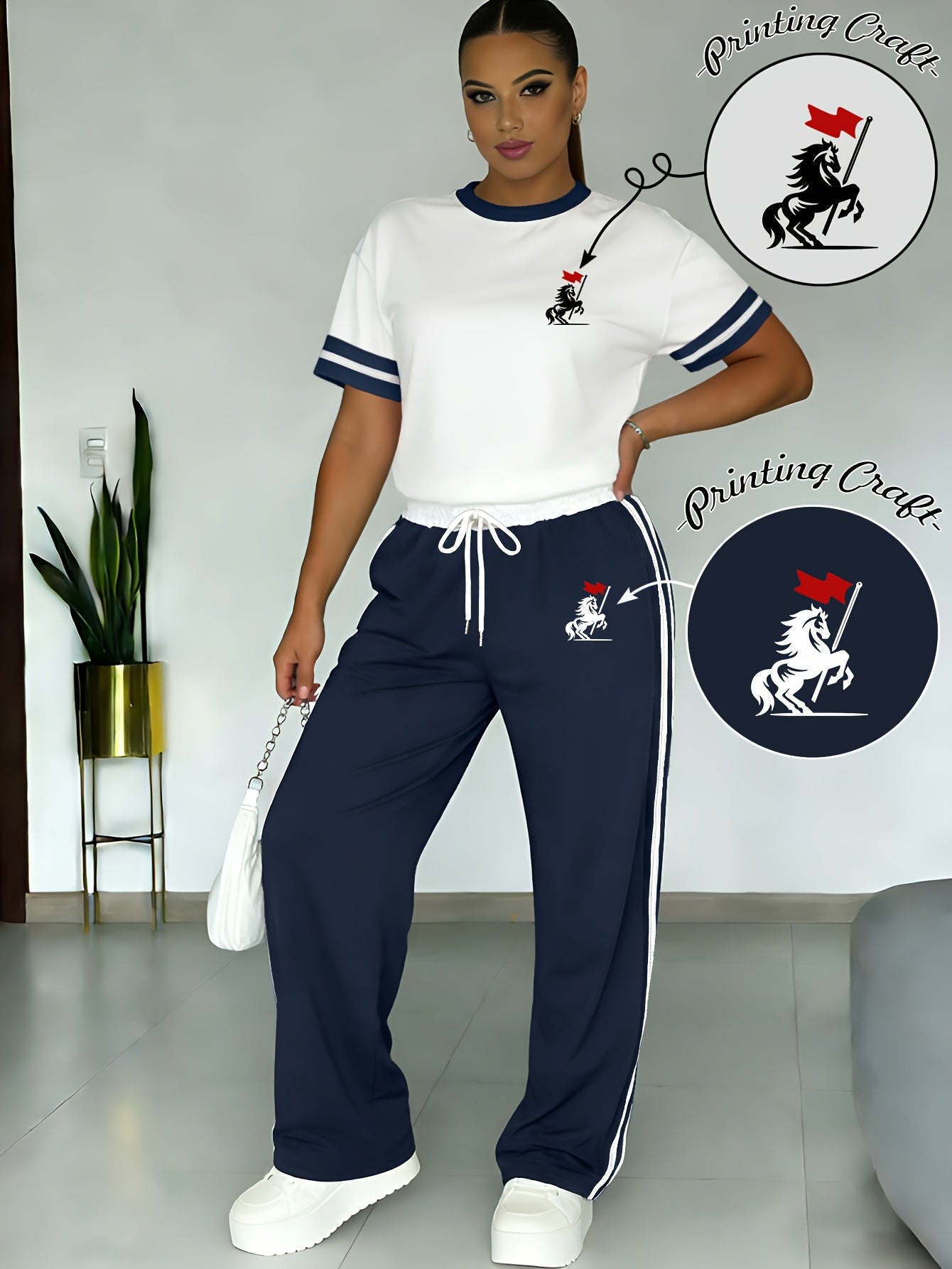 Women's Casual Two-Piece Set: Soft Contrast Tee & Pants