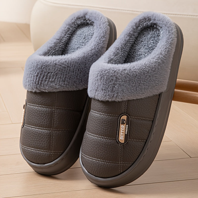 Men's Large PU Faux Leather Slippers Thick EVA Sole Warm Slip-On