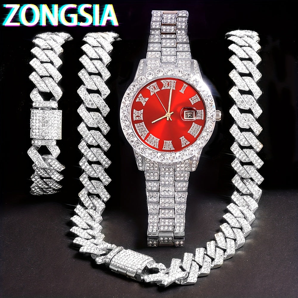ZONGSIA Hip Hop Watch & Jewelry Set - Luxury Rhinestone-Encrusted Quartz Watch with Matching Bracelet and Necklace, Classic Male Fashion, PC Case, Alloy Strap, Electronic Drive, Non-rechargeable Button Battery, ZONGSI