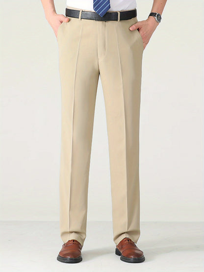Men'S Solid Color Straight Leg Casual Business Casual Pants, Regular Length, Slight Stretch Polyester Fabric, with Pocket, for Spring/Fall
