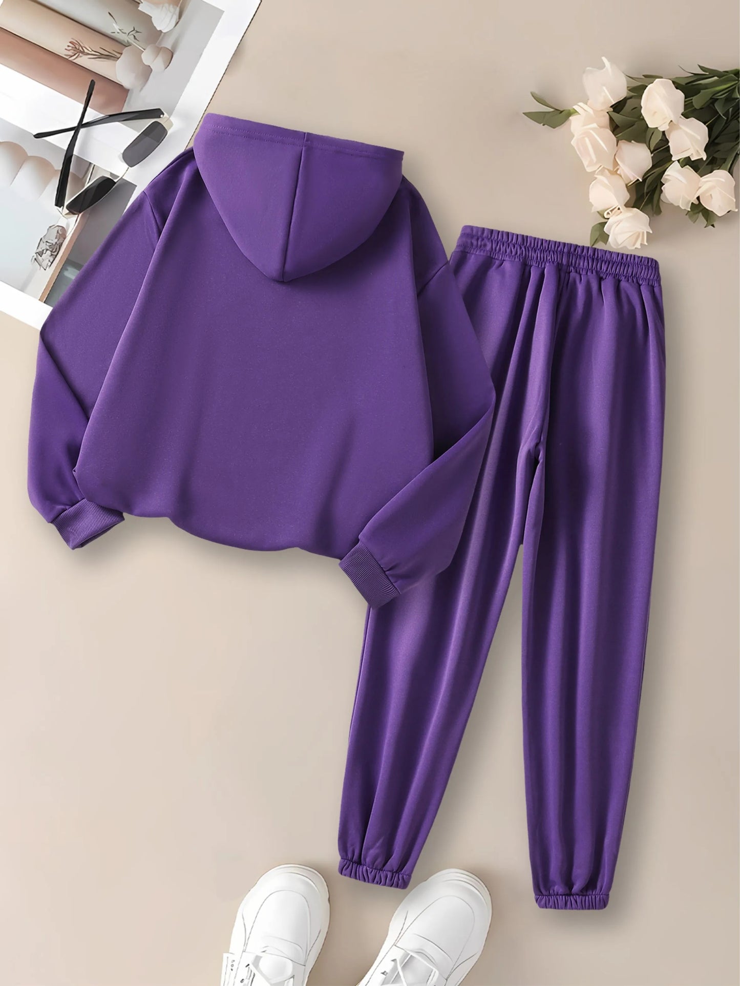 Ladies' Autumn-Winter Casual Hooded Sweatshirt and Pants Set with Shiny Heart Print | Comfortable Fleece-Like Feel, Drawstring Details