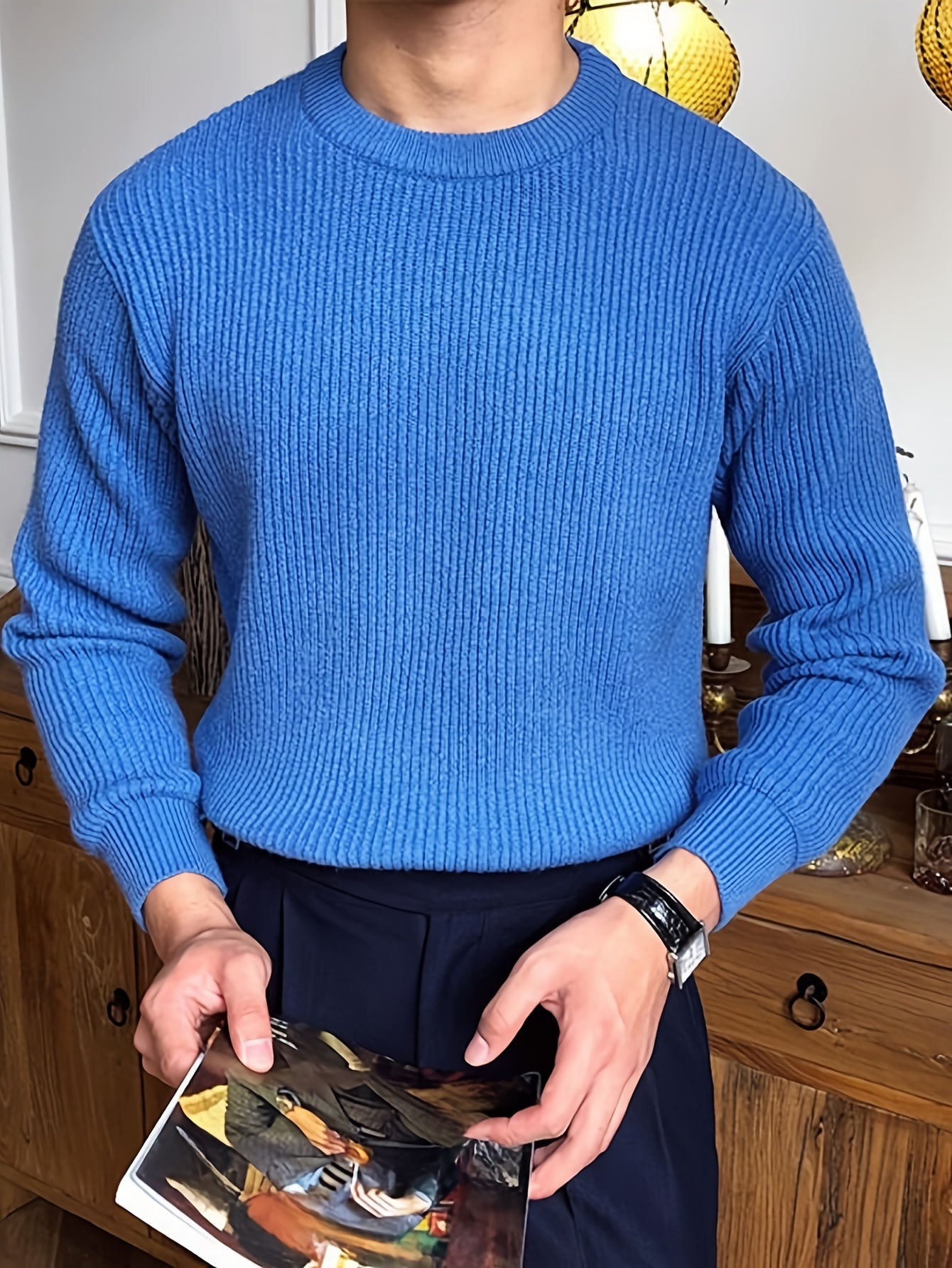 Բաց գույնի, հասուն ոճի աշուն/ձմեռ, հիմնական, տղամարդկանց համար, երկար թևքերով, առօրյա, բրիտանական, կլոր վզնոցով, տրիկոտաժե, բարձր օձիքավոր վերնաշապիկով