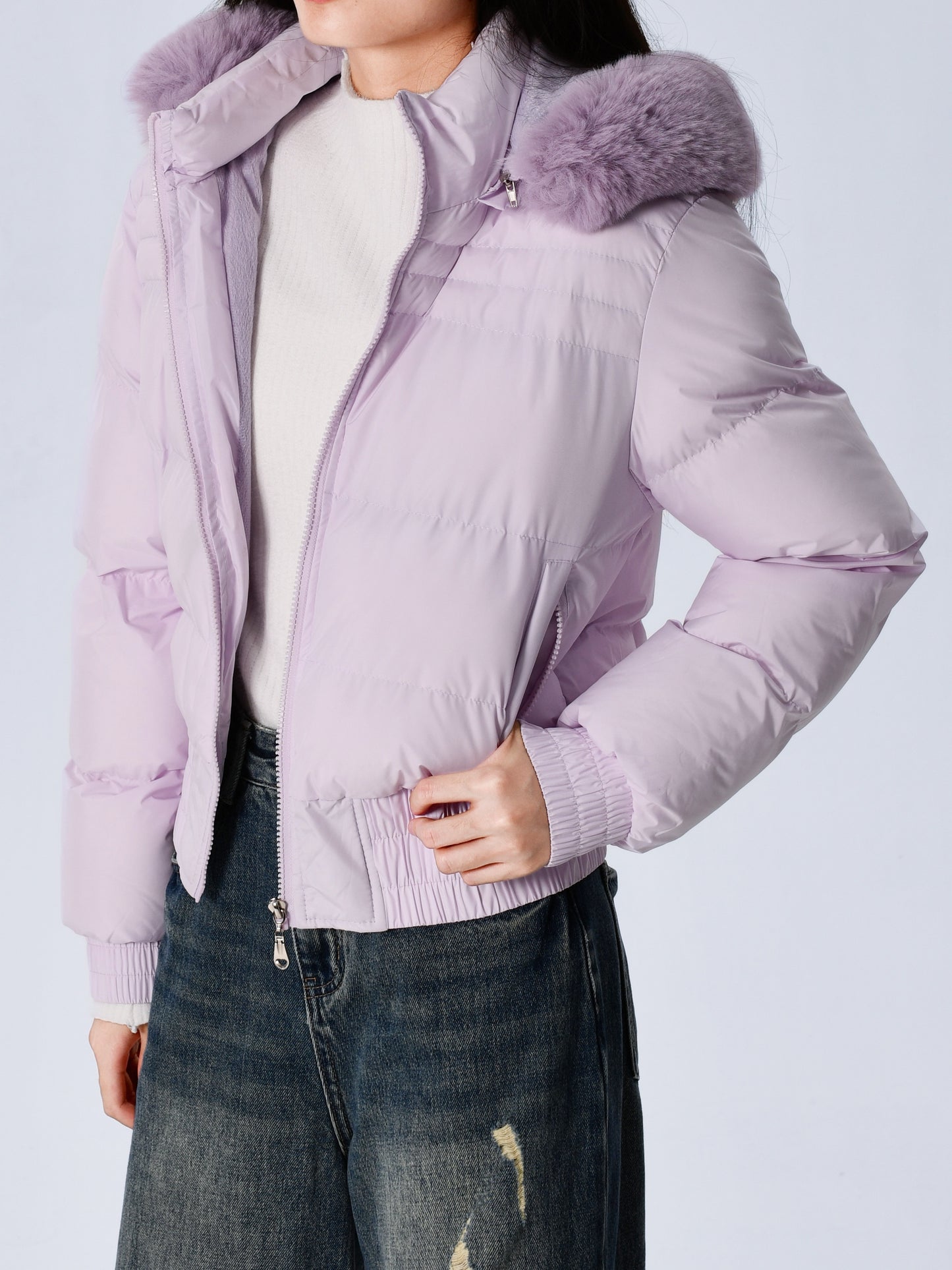 Էլեգանտ պոլիեսթերային բարձիկով կանացի բաճկոն - 2024 թվականի նորաձև կարճ միագույն վերարկու՝ հաստ արհեստական ​​մորթուց օձիքով, երկար թևքերով, կայծակաճարմանդով, գործված - Ձմեռային ջերմություն, առօրյա վերնազգեստ