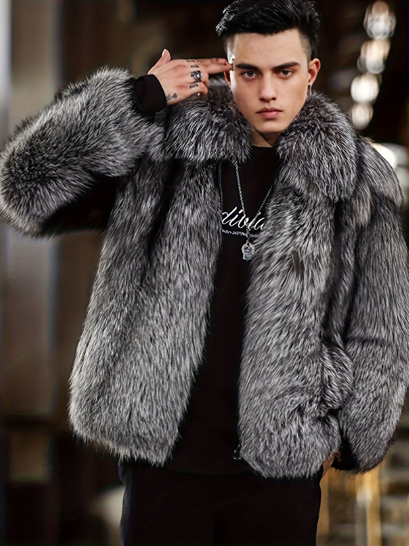 Men'S Faux Fur Coat with Imitation Fur Lining, Square Neck Zipper Short Winter Windproof Warm Loose Casual Jacket for Young Style