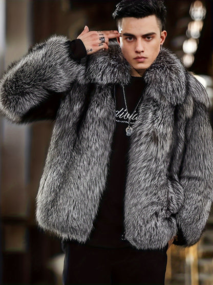 Men'S Faux Fur Coat with Imitation Fur Lining, Square Neck Zipper Short Winter Windproof Warm Loose Casual Jacket for Young Style