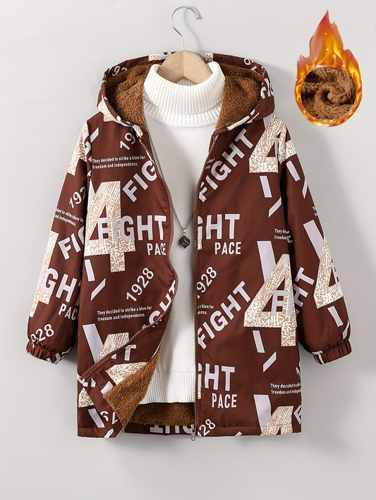 Boys' Cozy Jacket with Letter Print - Casual & Warm Windproof Outerwear for Fall/Winter