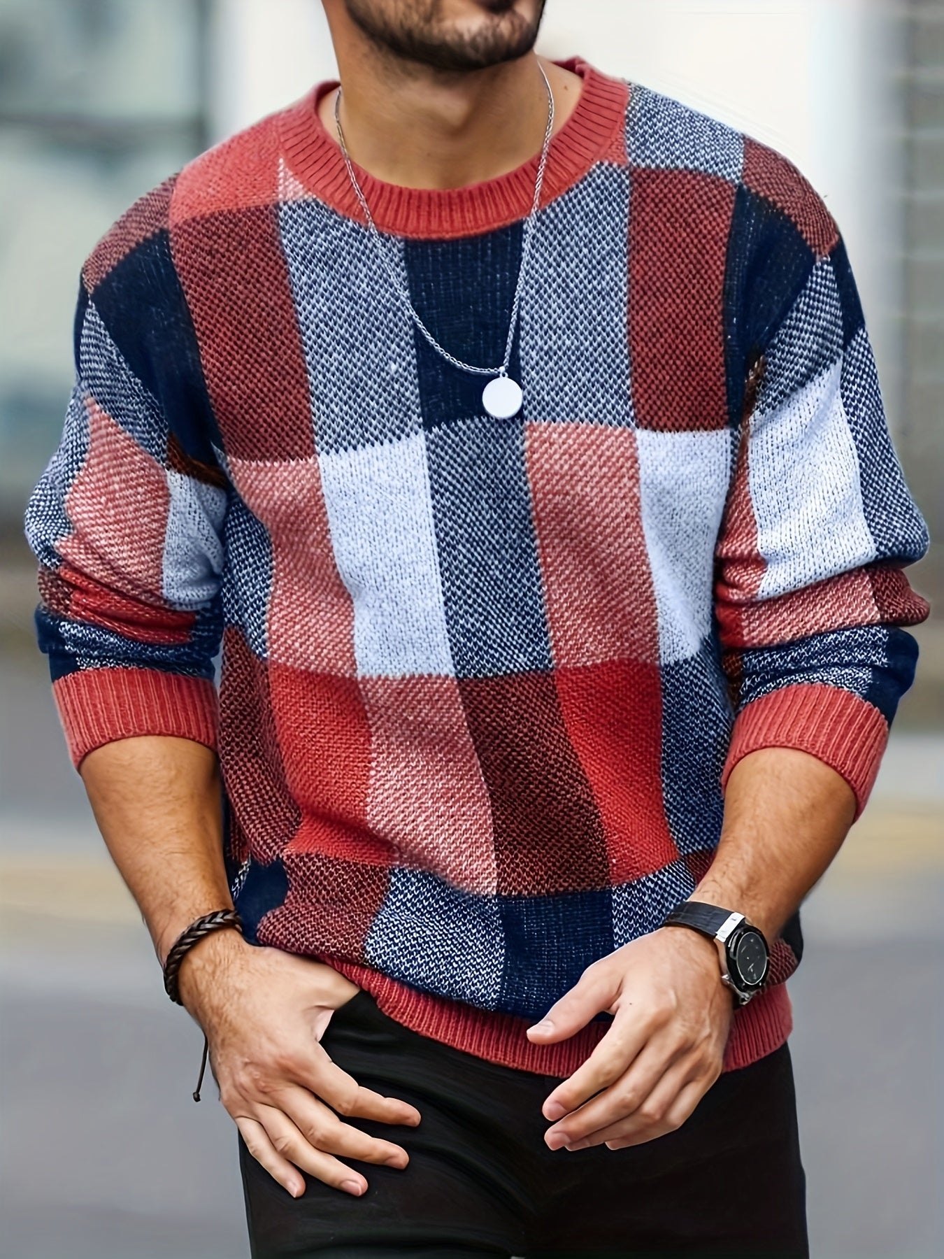 Men'S Casual Plaid Crew Neck Knit Sweater | Loose Fit, Long Sleeve, Fashionable Color Block Design, Suitable for Fall/Winter