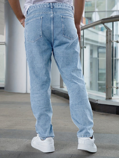 Men's Classic Straight-Leg Denim Jeans - Casual Style, Non-Stretch, Machine Washable, Solid Light Blue, Cotton/Polyester Blend, All-Season Wear, Comfortable Clothing|Timeless Style|Nonstretch Jeans