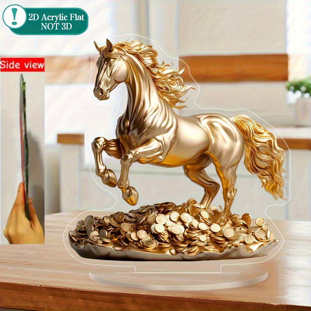2D Flat, 1pc 2D Flat Acrylic Golden Horse Ornament - Elegant Desktop Decoration, Luxurious Golden Plating with Exquisite Mane Details and Coin Base, Suitable for Home, Office, Wedding, Christmas - Animal Theme Decor, No Assem
