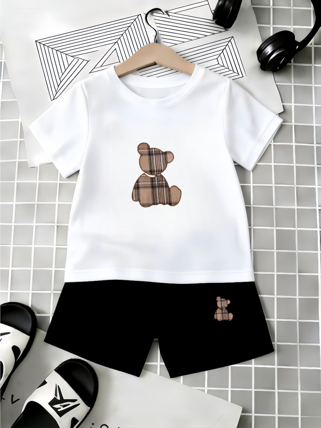 Infant Toddler Summer Shorts Set with Plaid Bear Print Tee