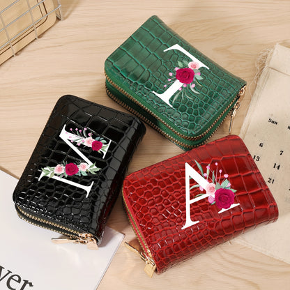Minimalist Women'S Short Wallet Featuring a Double Zipper Design, with a Crocodile A-Z Letter Pattern. This Stylish Handbag Also Serves As a Fashionable Coin Wallet, Perfect for Travel, Back-To-School, Or Parties.