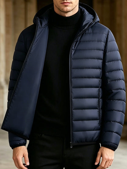 Men's Casual Hooded Padded Coat - Warm Polyester Outerwear