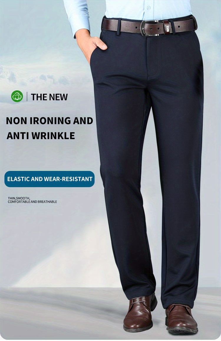 Men's Sleek Business Casual Dress Pants - Solid Black, Straight Leg, Wrinkle-Resistant Polyester Blend, All-Season Formal Trousers with Button Detail