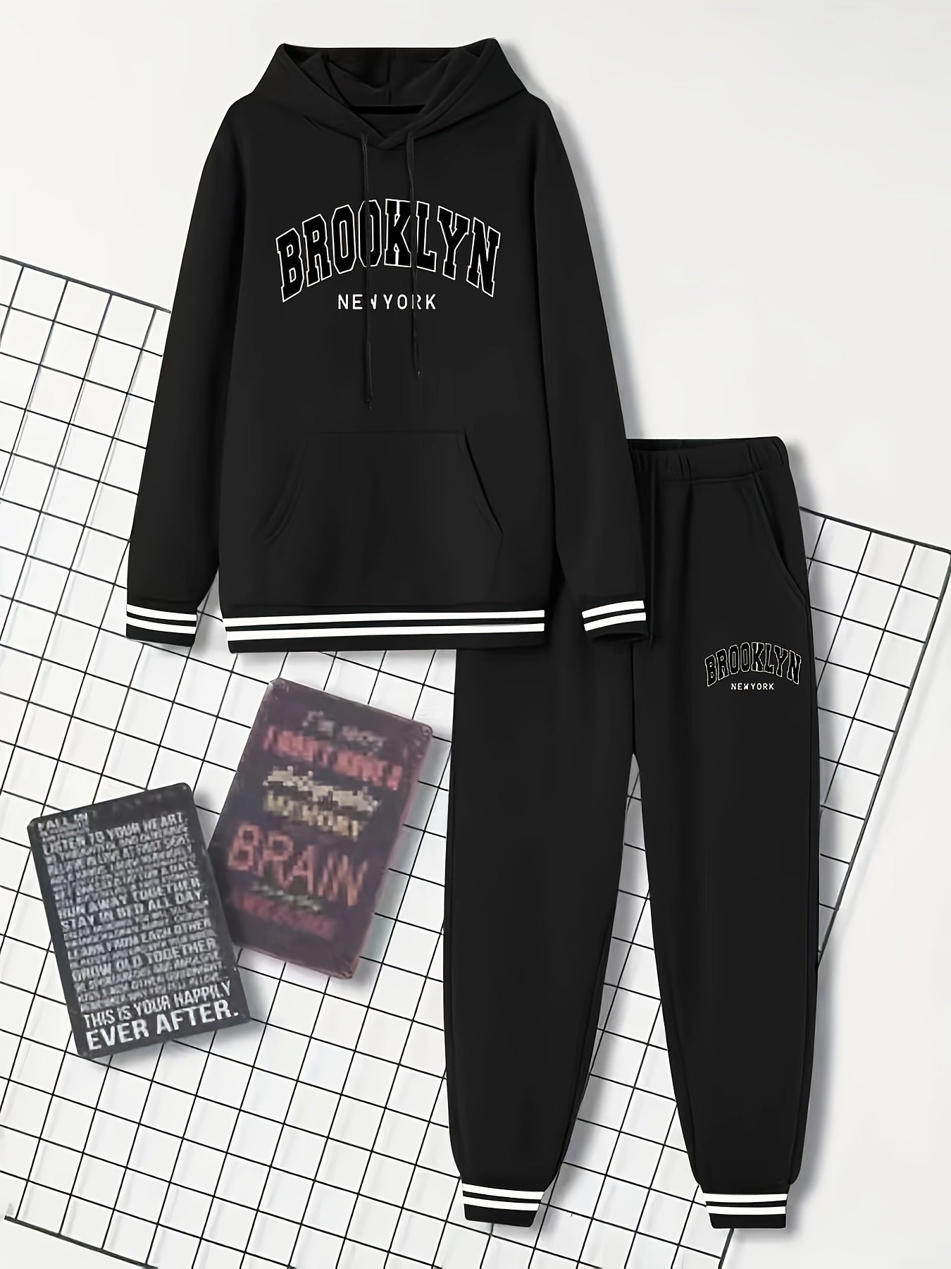 2pcs Men's Trendy BROOKLYN Letter Print Hooded Outfit, Hoodie & Pants Set, Men's Clothes For Spring Fall Winter, As Gift