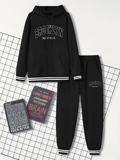 2pcs Men's Trendy BROOKLYN Letter Print Hooded Outfit, Hoodie & Pants Set, Men's Clothes For Spring Fall Winter, As Gift
