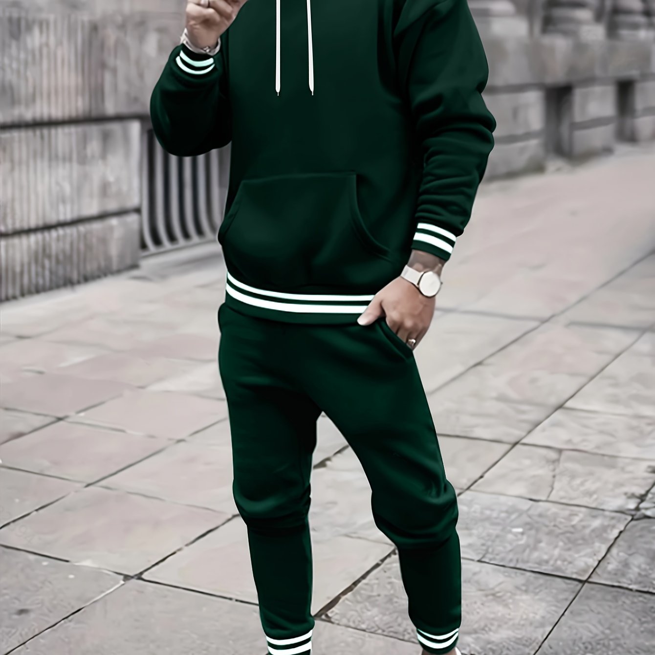 Men's Solid Color Hooded Casual Sportswear Set - ayq
