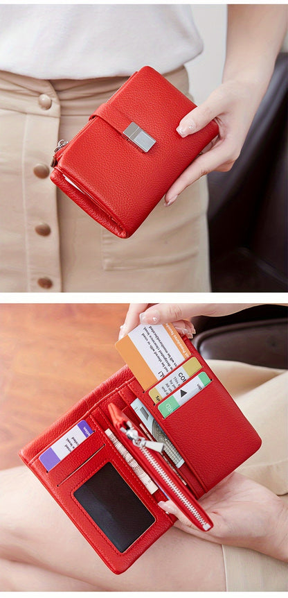 A Compact Trifold Wallet Made of Soft PU in a Solid Color, Featuring Metal Accents. It Includes a Zippered Coin Pocket, Card Slots, And an ID Window, Suitable for Credit Cards, ID Cards, Cash, And Coins. This Modern, Lightwei
