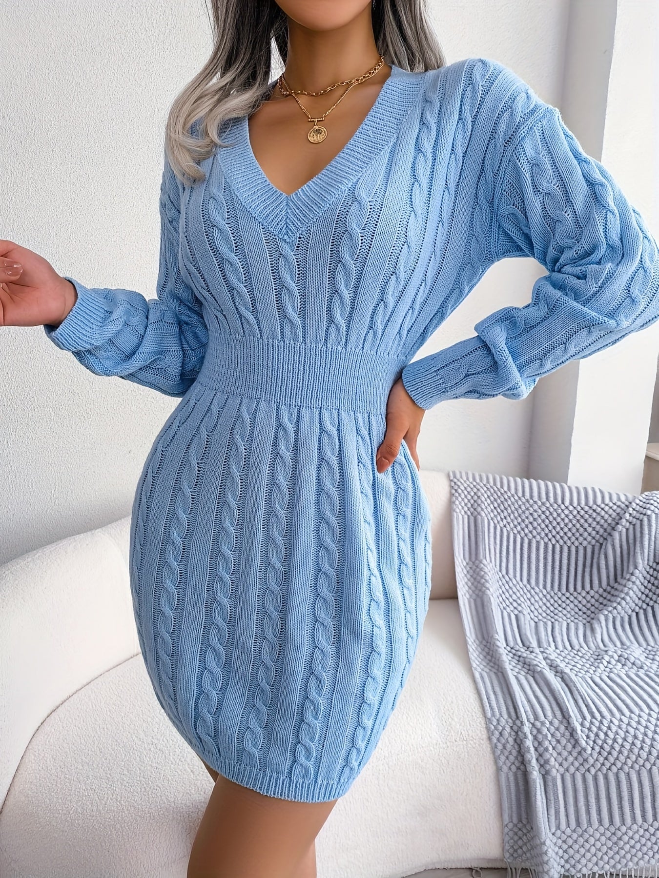 Women's White/ Twist- V-Neck Shorter-to-Oversized-Hem White Button-like Placket (No Buttons) Dress - Full-Length Long Sleeve Winter Winter Short/Long Dress (No) - Slim-Fit Tummy Control for Fall/Winter (Low-Maintenance