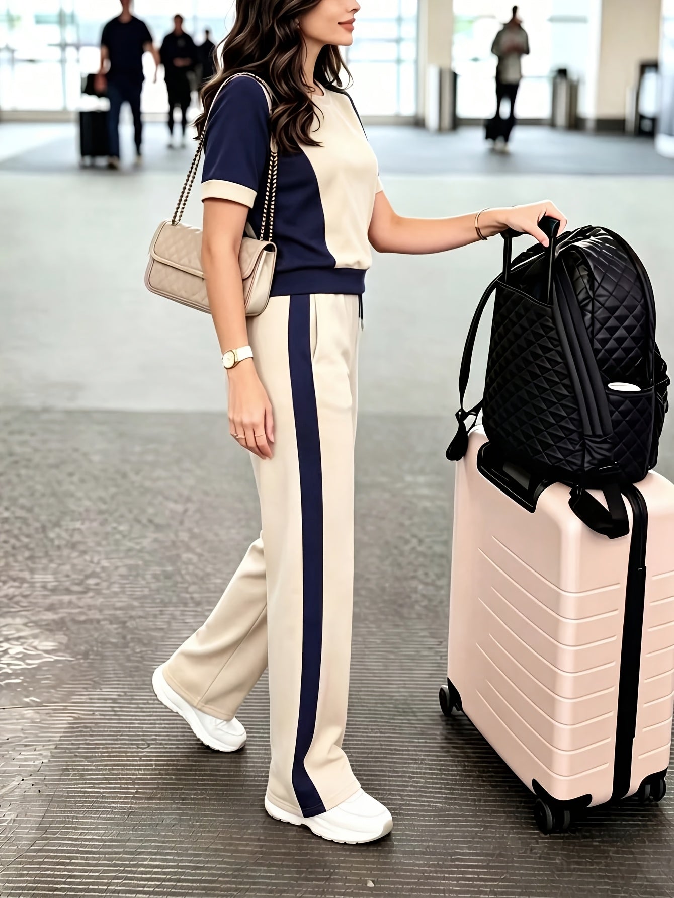 Women’s Color-Block Casual Set with Wide-Leg Pants for Summer