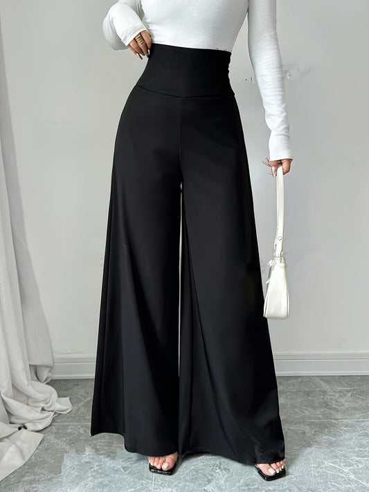 1pc Elegant High-Waisted Black Wide Leg Pants for Women, Solid Color Polyester, Regular Fit with Zipper Fly, All-Season Long Length Trousers with Zipper Detail