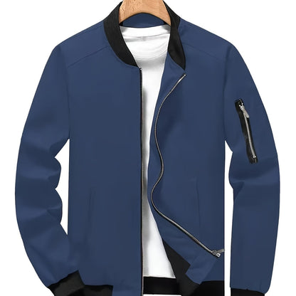 Men'S Stylish Black Sports Casual Jacket - Lightweight Bomber with Zipper Pockets, Front Zipper Panel, and Ribbed Cuffs - Perfect for Outdoor Activities, Running, and Casual Attire