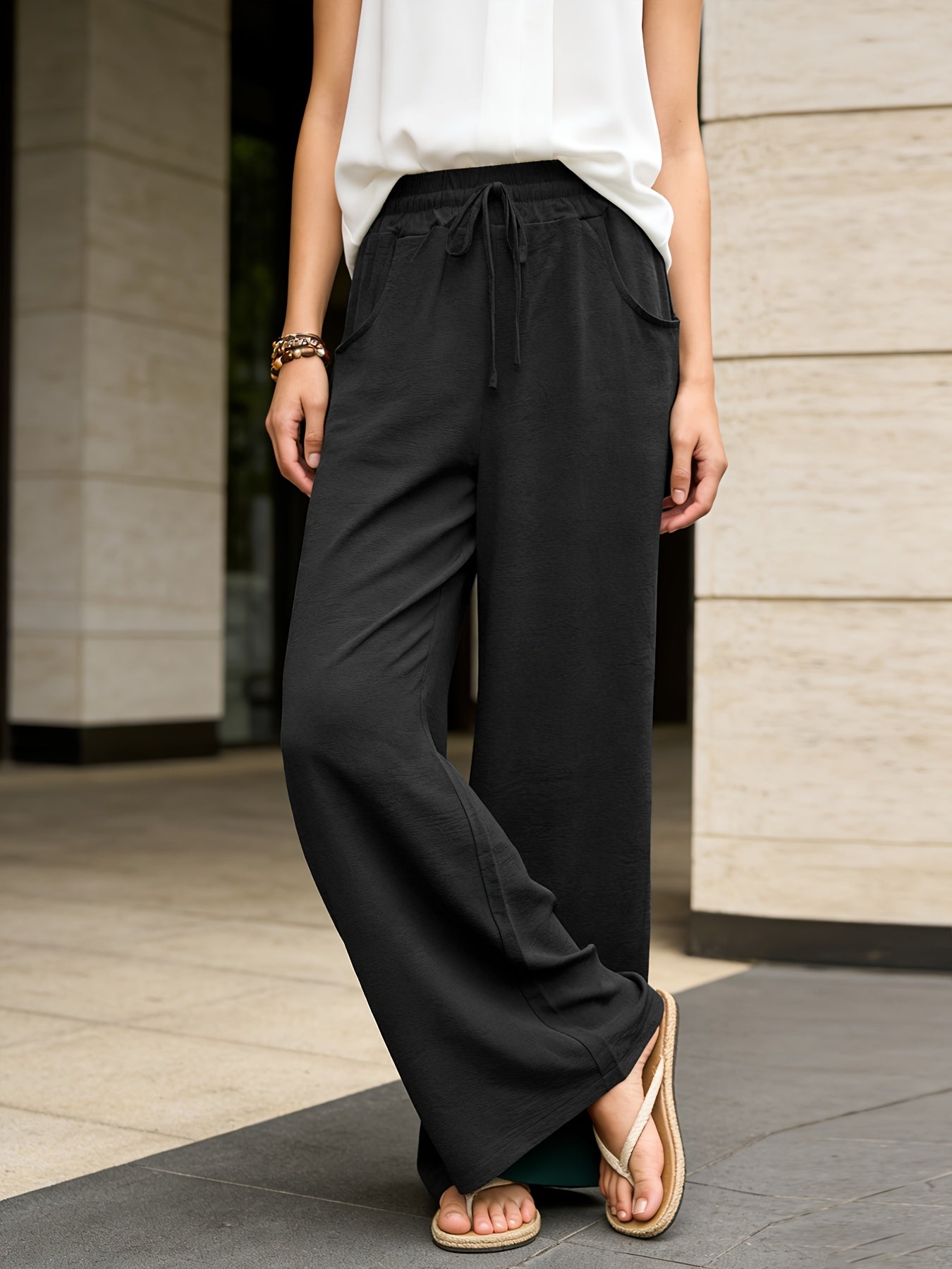 Women’s Wide-Leg Drawstring Waist Casual Polyester Pants