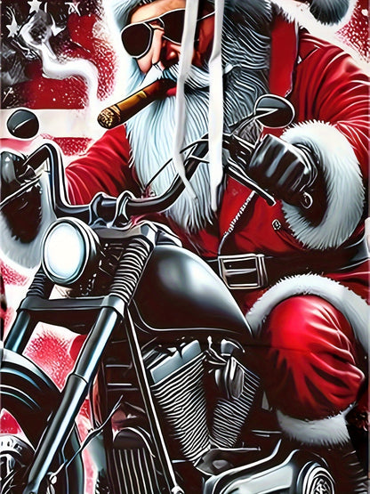 Plus Size Men'S Festive Santa Claus Motorcycle Hoodie - Long Sleeve, Casual Pullover with Drawstring and Kangaroo Pocket, Polyester, Machine Washable - Perfect for Autumn and Winter Street Style | Christmas Claus Motor Print