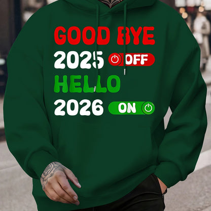Men's 2025 New Year Print Hooded Sweatshirt - Kanji-Inspired "Goodbye 2025 2026" Pullover, Winter Warm Casual Sweater with Green/Red Toggle Switch Design, Machine Washable Red Hoodie for Christmas & NYE Parties
