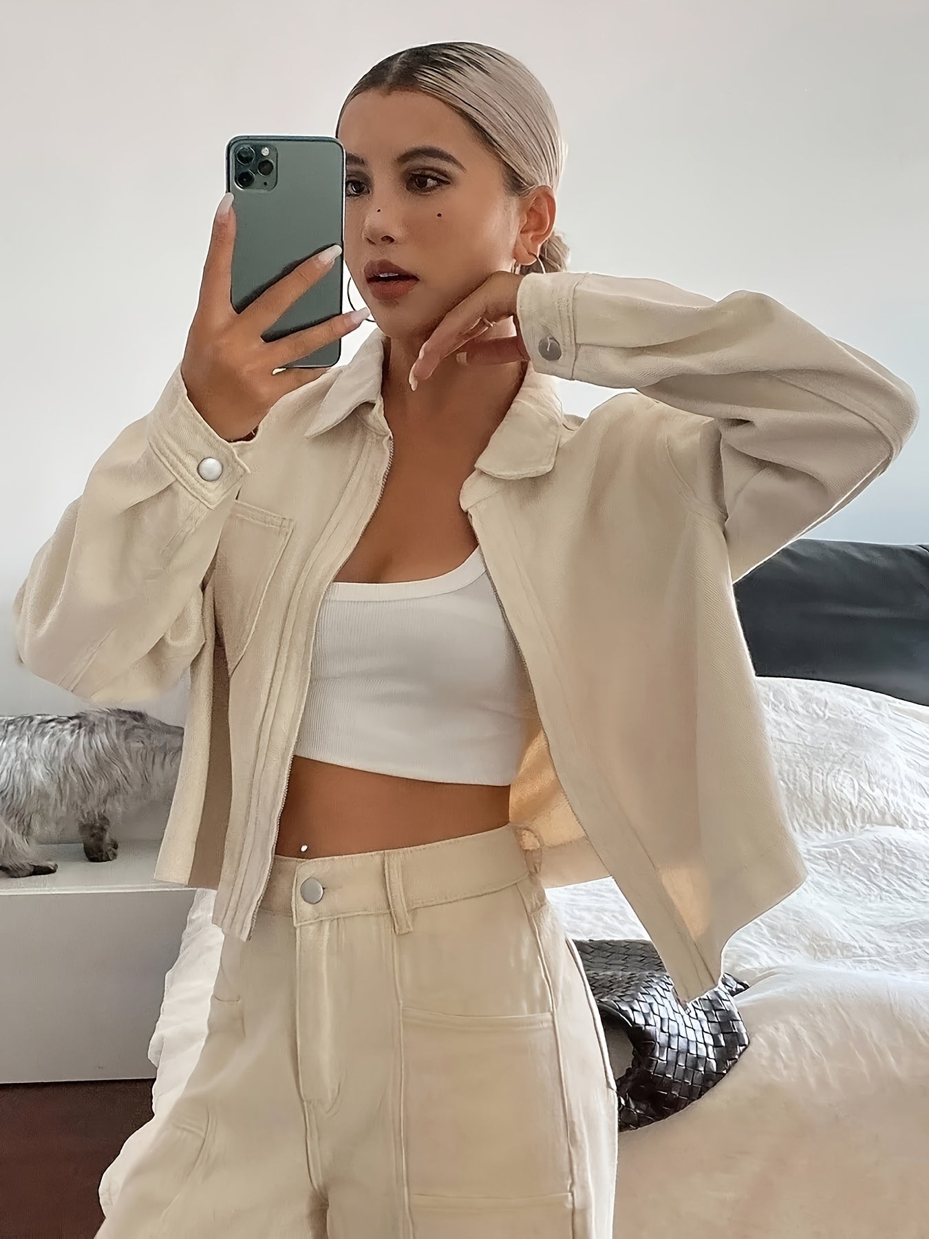 Vintage Apricot Cotton Lapel Jacket & High-Waist Pants Set