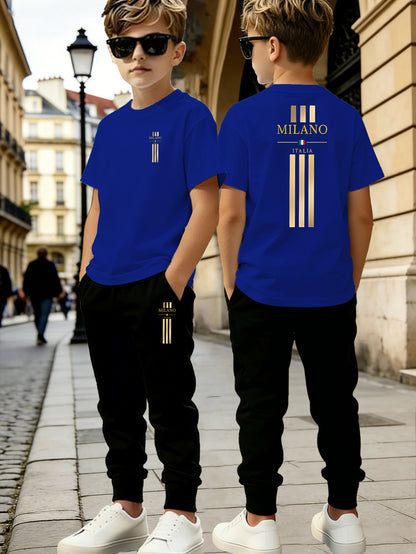 Boys' Casual Short Sleeve & Long Pants Set with Geometric Print