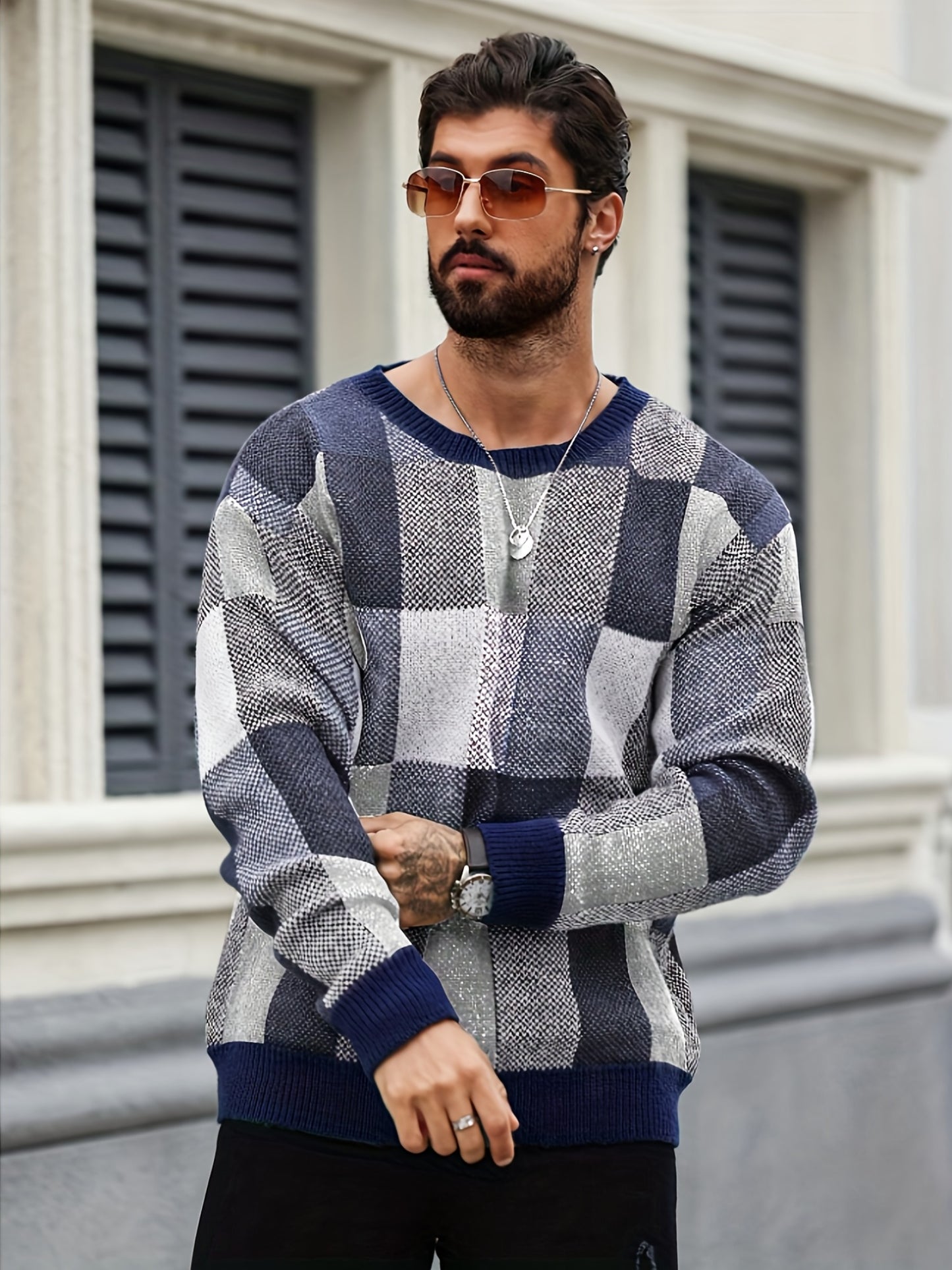 Men'S Casual Plaid Crew Neck Knit Sweater | Loose Fit, Long Sleeve, Fashionable Color Block Design, Suitable for Fall/Winter
