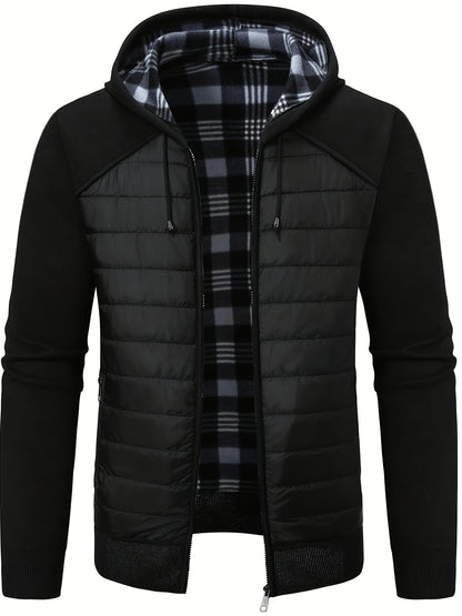 Men's Quilted Hooded Zip-Up Jacket with Plaid Lining for Winter