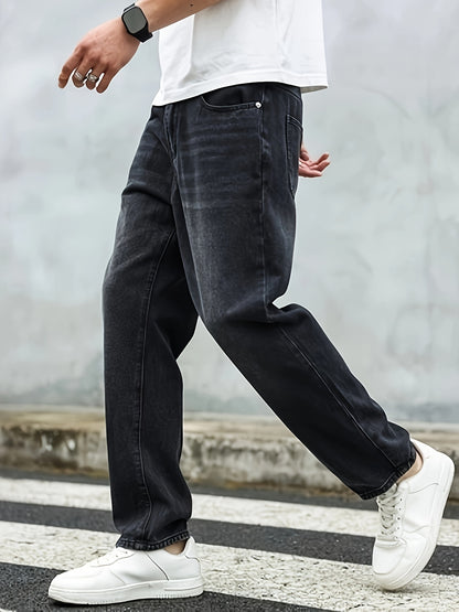 Men's Solid Loose Fit Denim Pants, Spring Fall Casual Trendy Cotton Jeans For Males