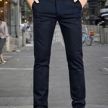 Men's Sleek Stretch Dress Pants - Solid Color Black, Comfort Fit with Subtle Stretch, Polyester Fabric, Mid-Rise, Machine Washable, Perfect for Business Casual & All-Season Wear, Business Casual Pants | Sleek Trousers | Easyc