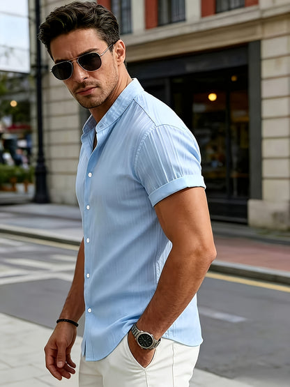 Men's Casual Athletic Short Sleeve Shirt with Stand Collar