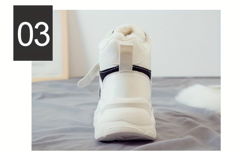 Women's Plush Fleece-Lined High-Top Sneakers - Thick-Soled Winter Warm Lace-Up Shoes with PU Upper & Cushioned PVC Sole, White/Black/Grey Chunky Dad Shoes (Cozy Round Toe) - Instagram Trendy Winter Footwear by I Trend