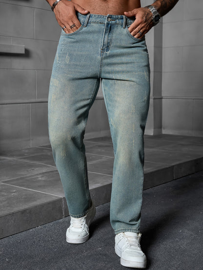 Men's Regular Fit Distressed Denim Jeans - Light Grey, Blend, Machine Washable, Year-Round Comfort & Style