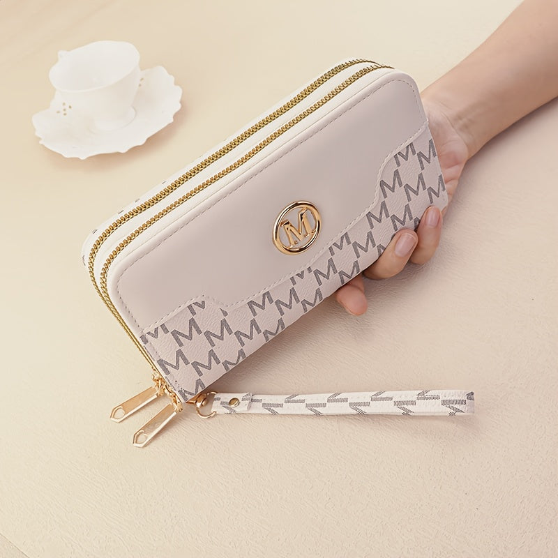 Women'S Elegant Patchwork Wallet & Wristlet Clutch - Large Capacity Double-Zip Coin Purse with Golden-Tone M-Logo, Golden-Tone Hardware & Wrist Strap