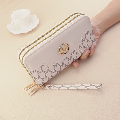 Women'S Elegant Patchwork Wallet & Wristlet Clutch - Large Capacity Double-Zip Coin Purse with Golden-Tone M-Logo, Golden-Tone Hardware & Wrist Strap