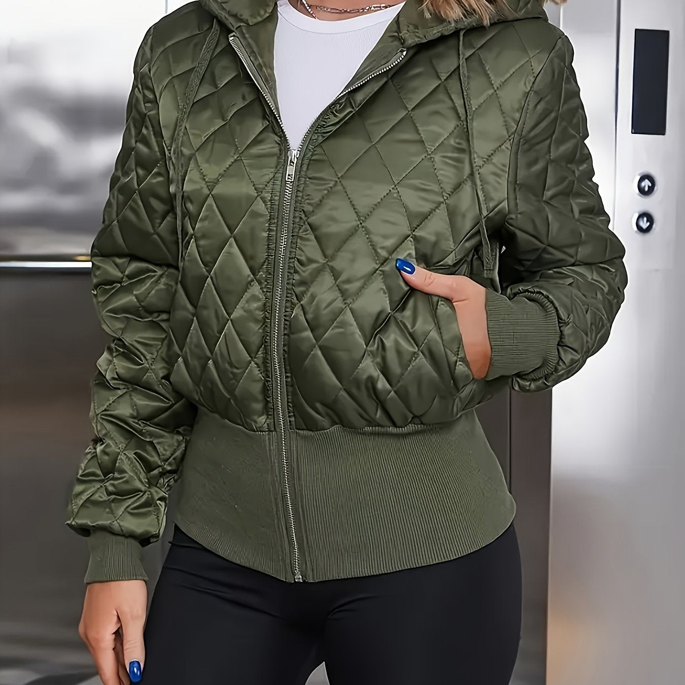Women's Thick Zip-Up Hooded Jacket - Olive Green Full-Zip Front Closure, Non-Stretchy Structured Fit Coat for Casual, Formal, - Machine Washable Outerwear, Casual Wear, Classic Design, Highquality Material, Office Attire