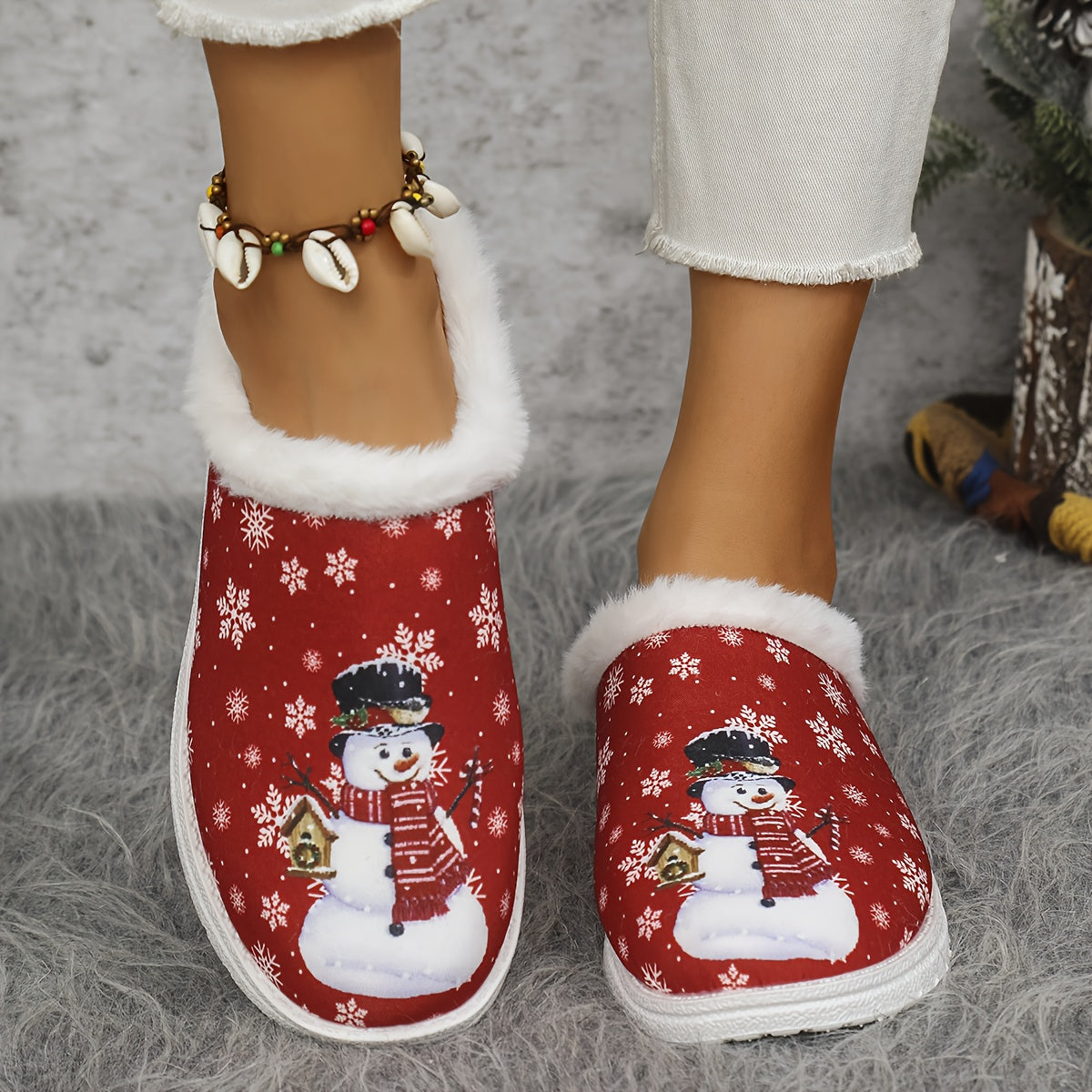 Women's Winter Plush Slip-On Moccasin Slippers with Faux Fur Trim - Red & White Snowflake & Hearts Design, Soft PU Sole & Cozy Lining, Red/White/ Color Options, Casual Winter Shoes for Indoor/ Use, Hand Washable (Ideal for Ch