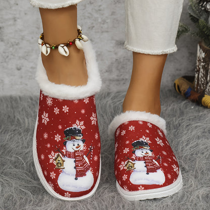 Women's Winter Plush Slip-On Moccasin Slippers with Faux Fur Trim - Red & White Snowflake & Hearts Design, Soft PU Sole & Cozy Lining, Red/White/ Color Options, Casual Winter Shoes for Indoor/ Use, Hand Washable (Ideal for Ch