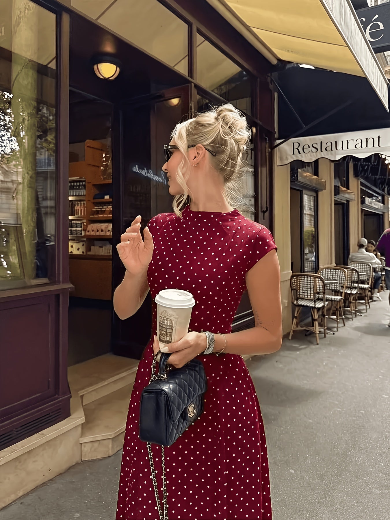 Women's Elegant Polka Dot Maxi Dress with Waist Cinch
