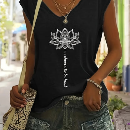WISH Quick Deal: Ebye Spring/Summer 2024 - Women's Light Blue V-Neck T-Shirt with Inspirational for Lotus & Letter Print, Casual Loose Fit, Rayon Blend, Machine Washable