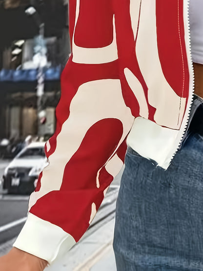 Կանացի ոճային սև-սպիտակ աբստրակտ նախշերով կայծակաճարմանդով կարդիգան բաճկոն - երկար թևքերով առօրյա սվիտեր գոտիով, բոլոր եղանակների համար, առօրյա հագուստի բաճկոն | Ժամանակակից առօրյա բաճկոն | կայծակաճարմանդով բաճկոն