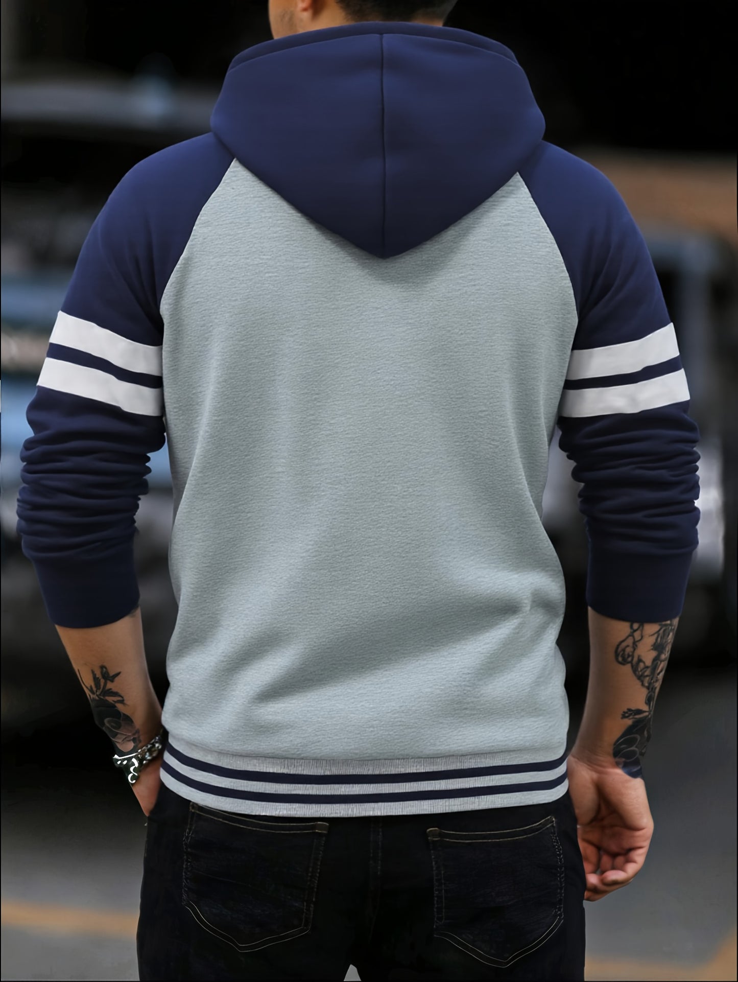 Men's 2025 Autumn East New Zipper Hoodie - Black & Grey Color-Block Contrast with White Piping, Full-Zip Closure, Chest Pocket & Adjustable Hood, Casual Streetwear for Teen Boys & Young Men, Durable Everyday Outerwear